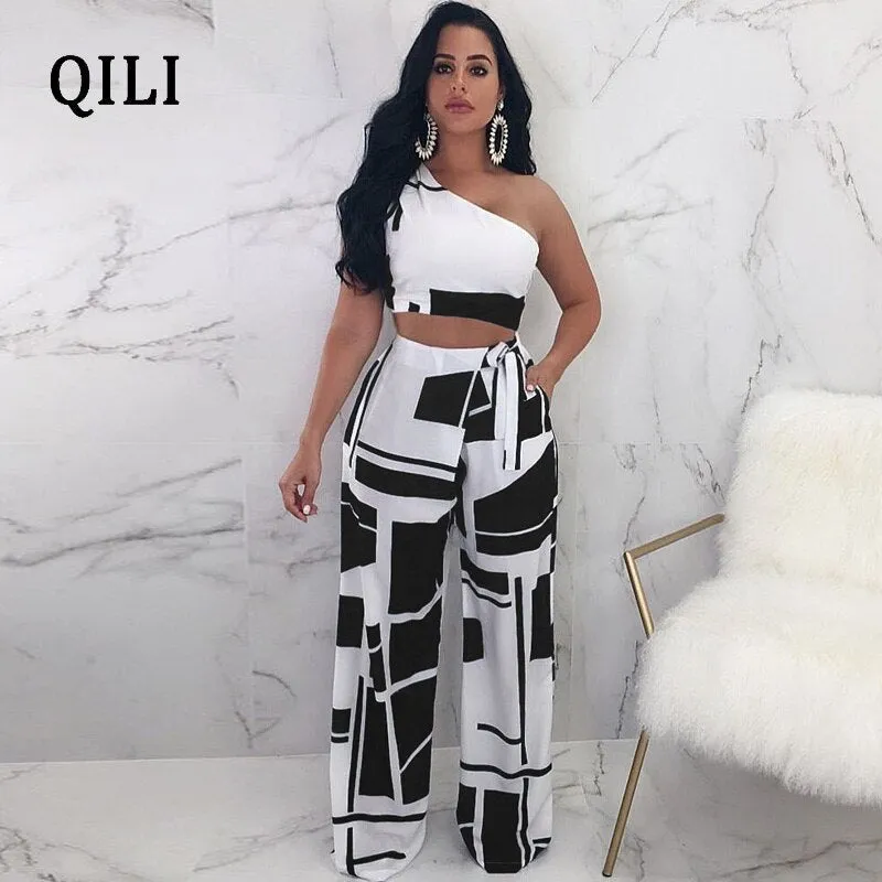 One Shoulder Sleeveless Two Piece Set Bow Print Jumpsuits