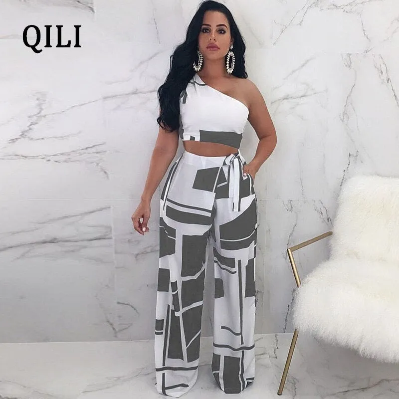 One Shoulder Sleeveless Two Piece Set Bow Print Jumpsuits