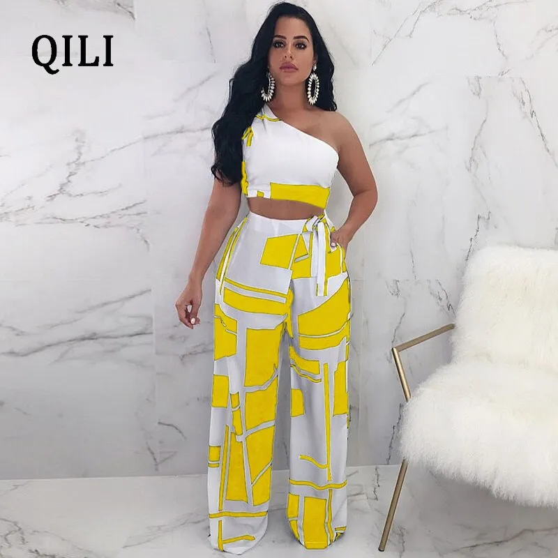 One Shoulder Sleeveless Two Piece Set Bow Print Jumpsuits