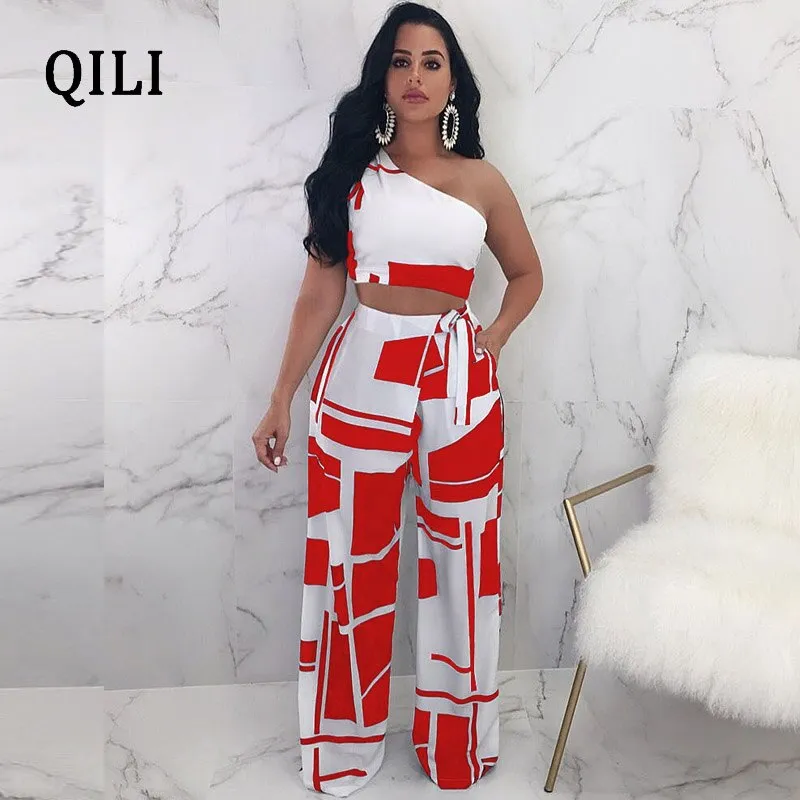 One Shoulder Sleeveless Two Piece Set Bow Print Jumpsuits