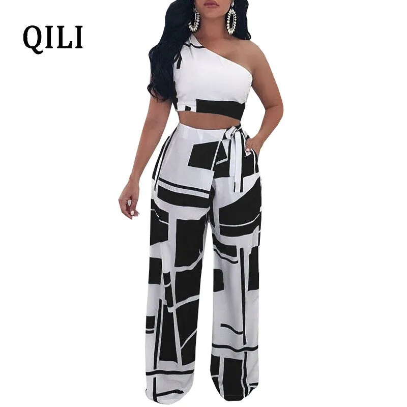 One Shoulder Sleeveless Two Piece Set Bow Print Jumpsuits
