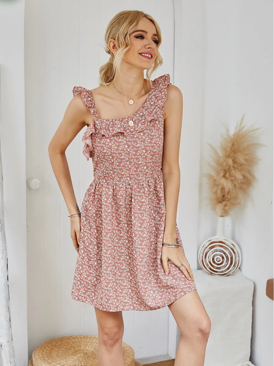 One Shoulder Suspenders Backless Floral Print Mini Dress