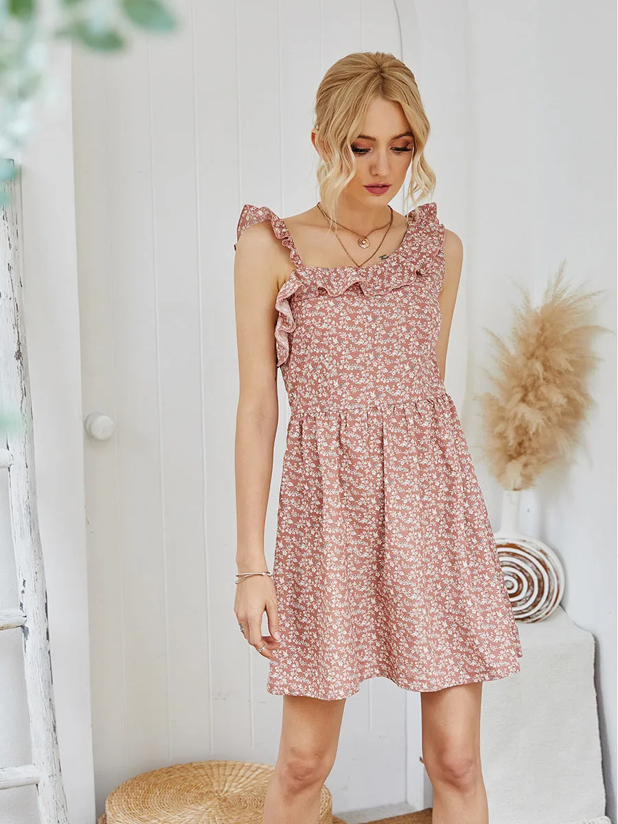 One Shoulder Suspenders Backless Floral Print Mini Dress
