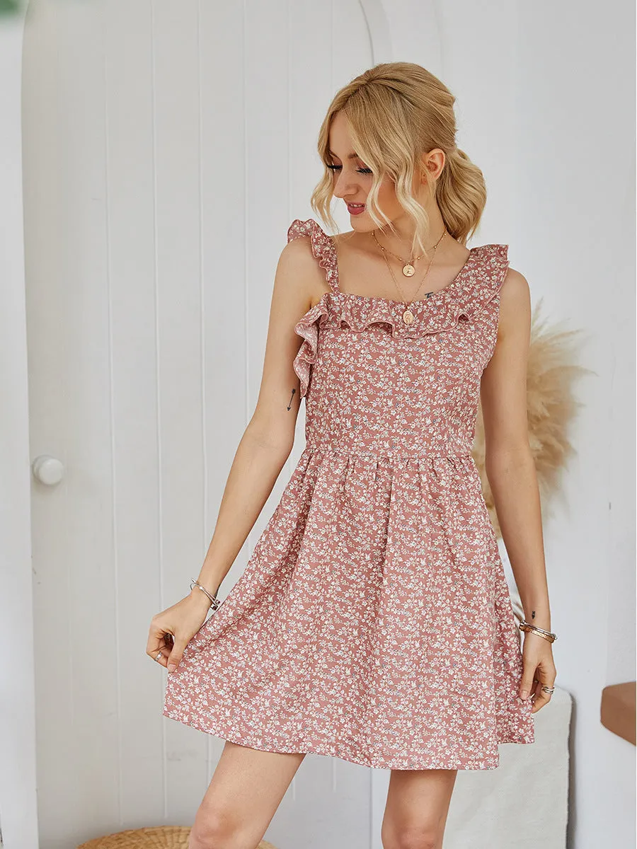 One Shoulder Suspenders Backless Floral Print Mini Dress