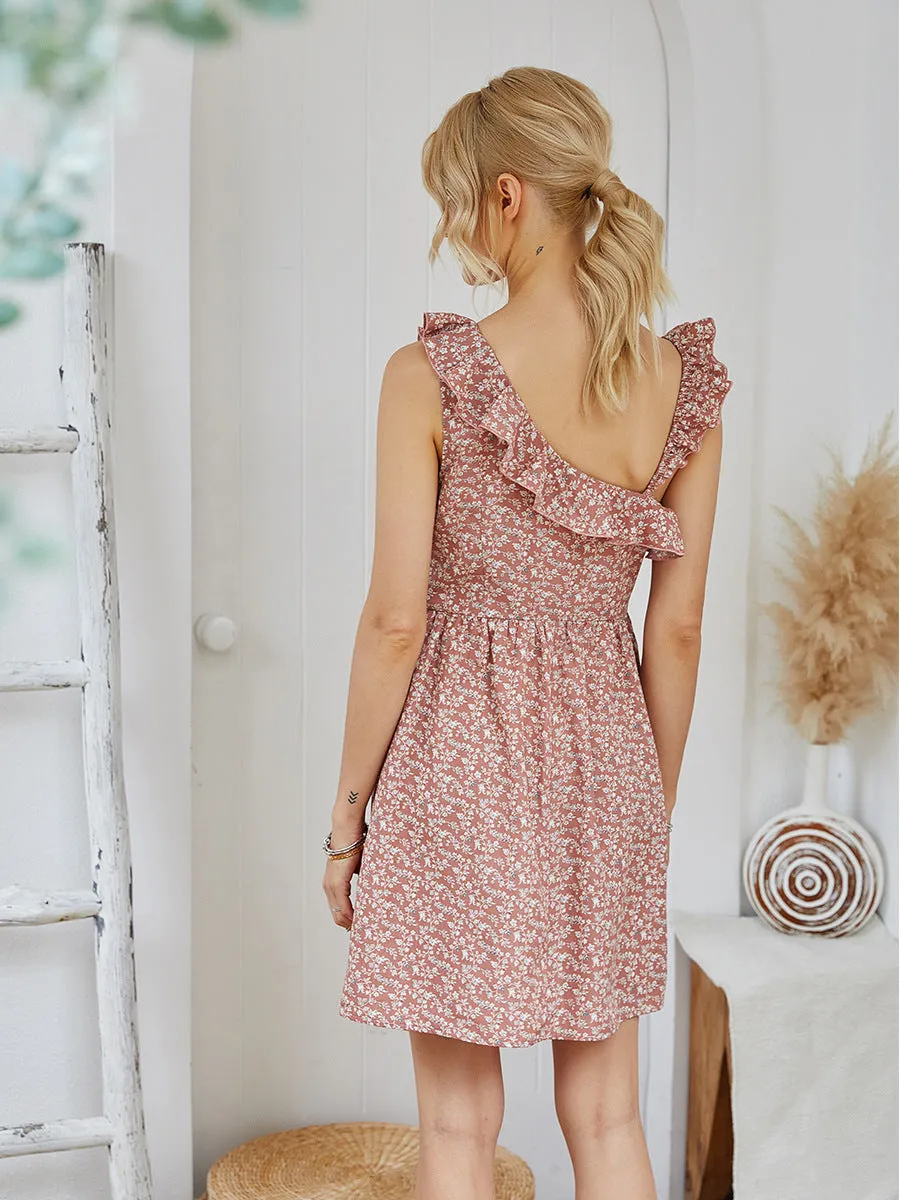 One Shoulder Suspenders Backless Floral Print Mini Dress
