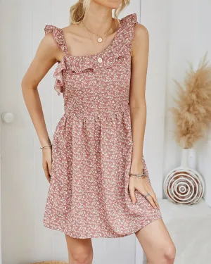 One Shoulder Suspenders Backless Floral Print Mini Dress
