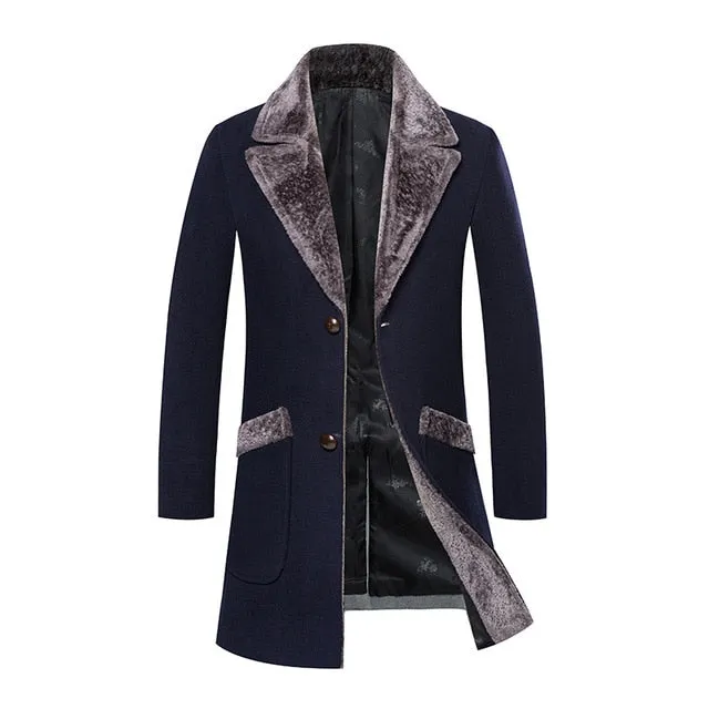 Overcoat Male  Wool Blend Mid Long Winter Coat Men With Fur Collar Coat Men Winter Trench Manteau Homme Hiver