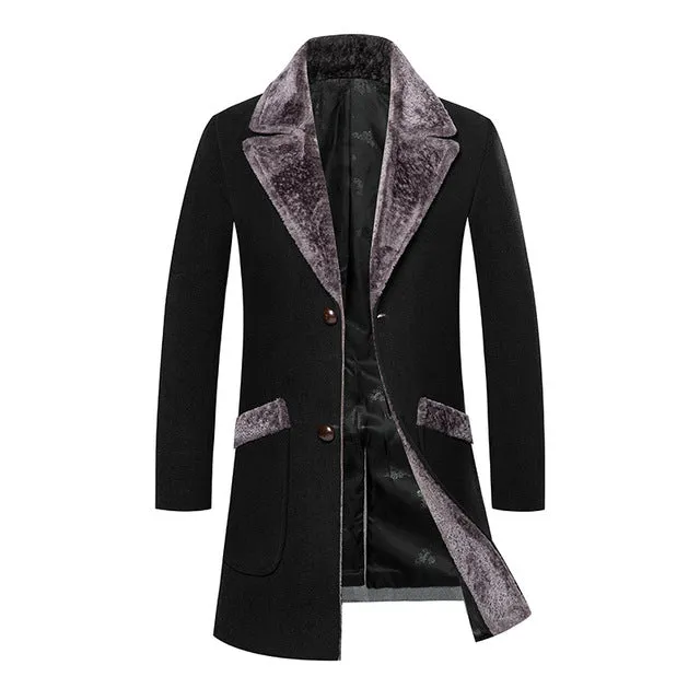 Overcoat Male  Wool Blend Mid Long Winter Coat Men With Fur Collar Coat Men Winter Trench Manteau Homme Hiver