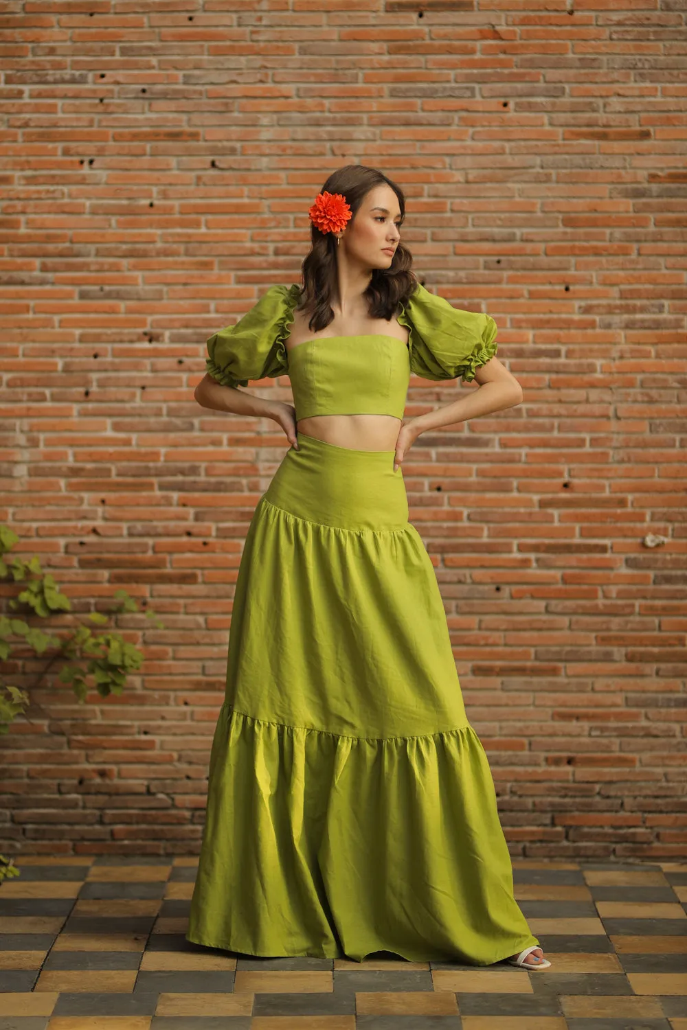 PALMIRA DRESS Puff Sleeve Crop Blouse with Cross Tie Back and High Waist Shirred Maxi Skirt (Lime Green Linen)