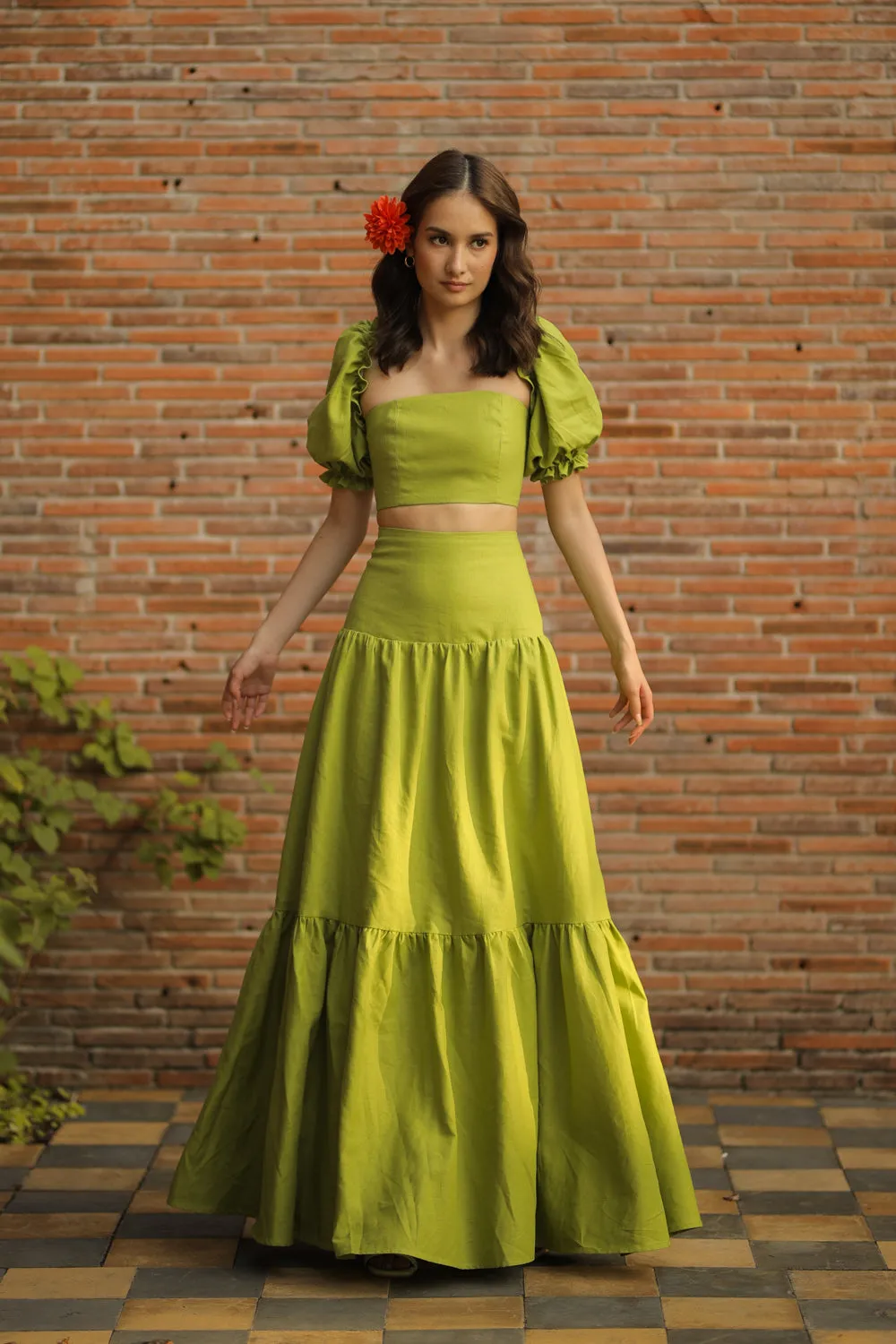 PALMIRA DRESS Puff Sleeve Crop Blouse with Cross Tie Back and High Waist Shirred Maxi Skirt (Lime Green Linen)