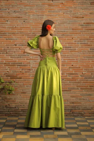 PALMIRA DRESS Puff Sleeve Crop Blouse with Cross Tie Back and High Waist Shirred Maxi Skirt (Lime Green Linen)