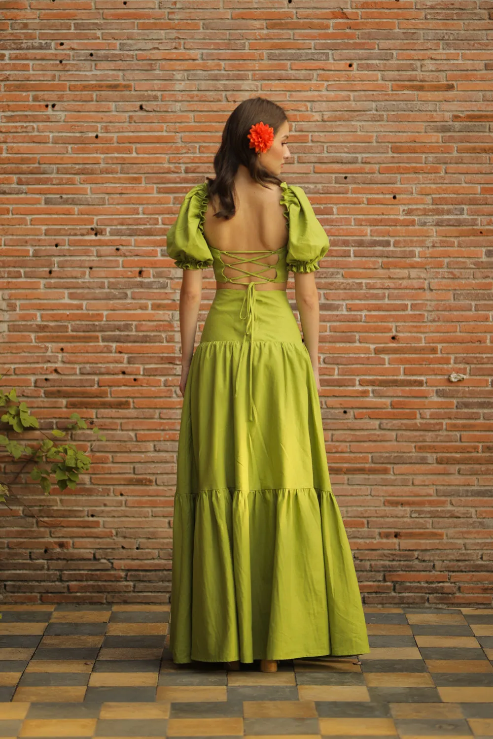 PALMIRA DRESS Puff Sleeve Crop Blouse with Cross Tie Back and High Waist Shirred Maxi Skirt (Lime Green Linen)
