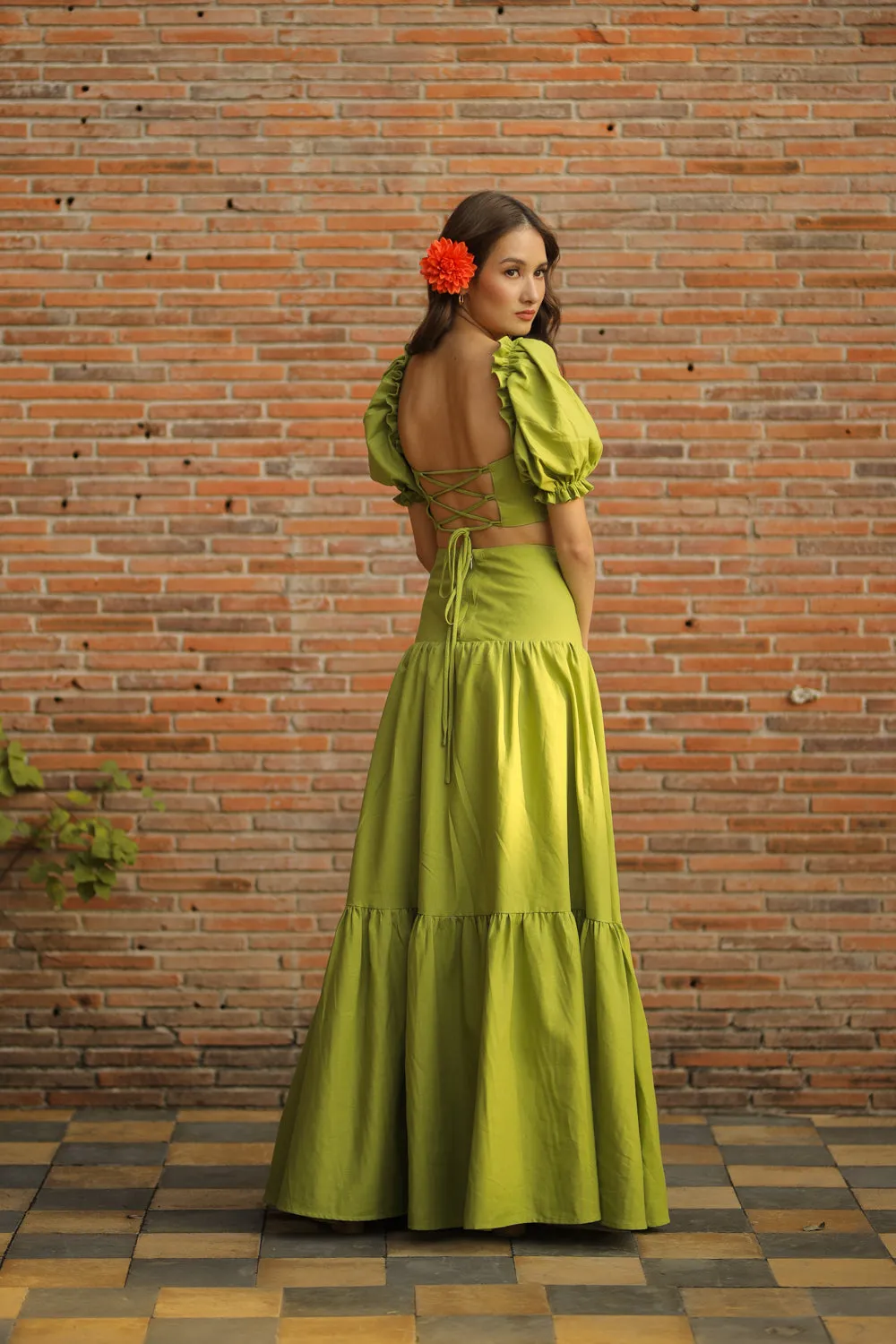 PALMIRA DRESS Puff Sleeve Crop Blouse with Cross Tie Back and High Waist Shirred Maxi Skirt (Lime Green Linen)