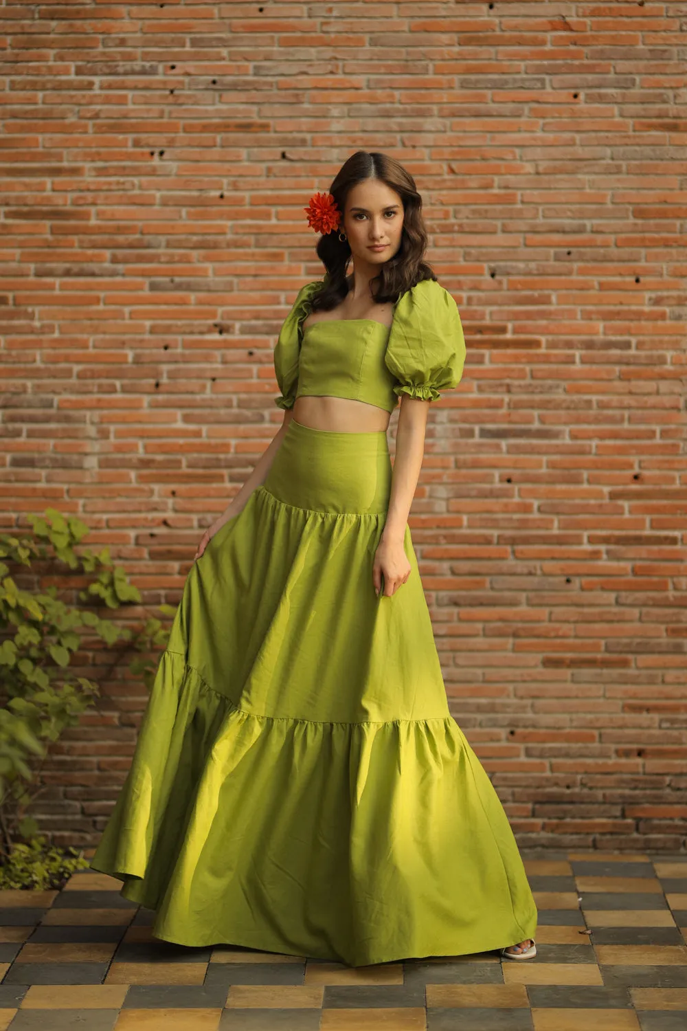 PALMIRA DRESS Puff Sleeve Crop Blouse with Cross Tie Back and High Waist Shirred Maxi Skirt (Lime Green Linen)