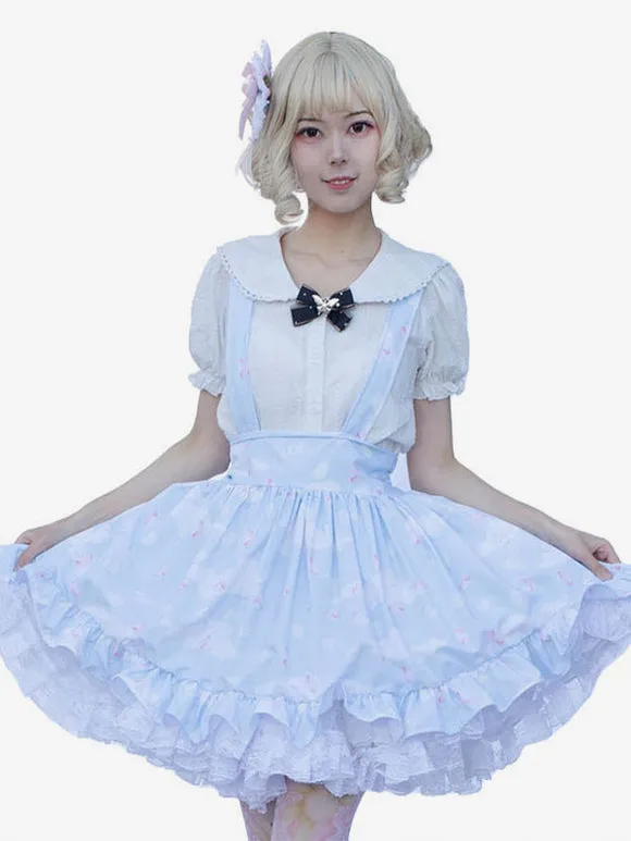Pastoral Style Lolita SK Ruffles Light Sky Blue Floral Print Lolita Skirts