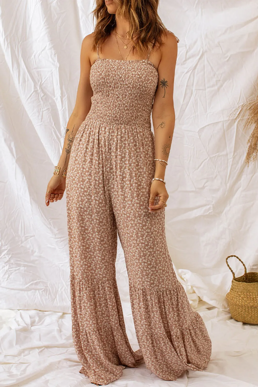 Penelope Floral Spaghetti Strap Smocked Wide Leg Jumpsuit