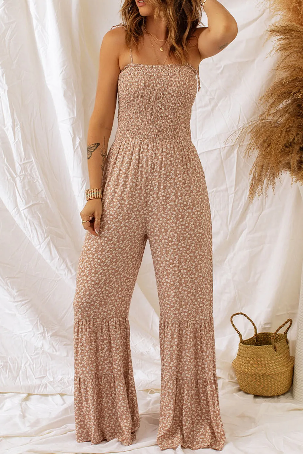 Penelope Floral Spaghetti Strap Smocked Wide Leg Jumpsuit
