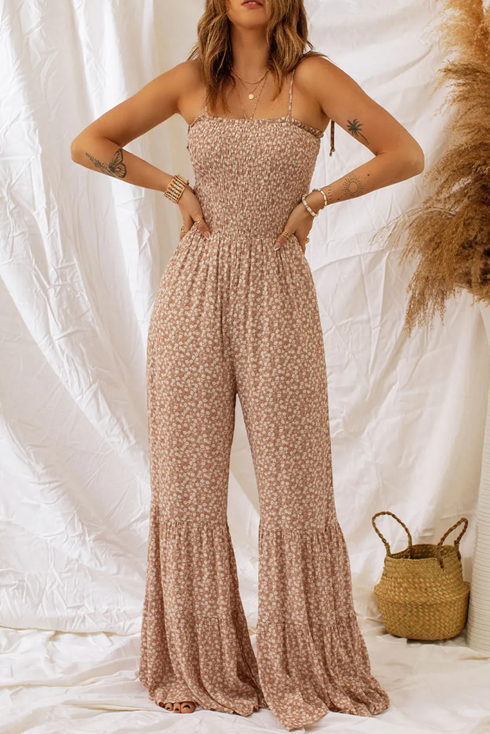 Penelope Floral Spaghetti Strap Smocked Wide Leg Jumpsuit