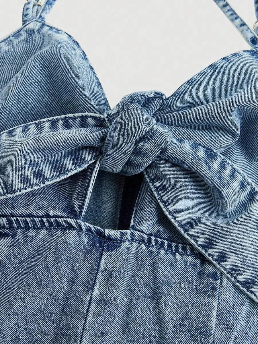 Peyton Sexy Denim Cami – High Waist Frill & Shirred – Blue