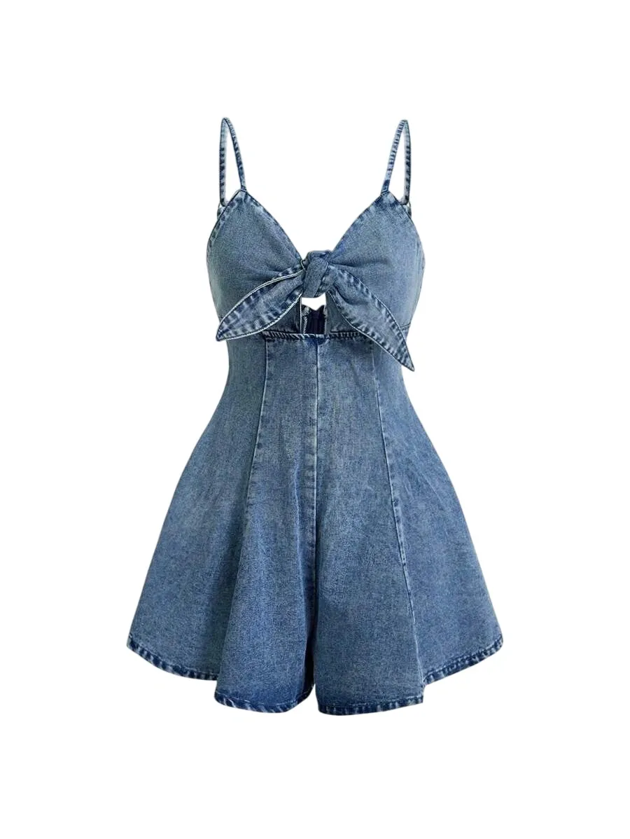 Peyton Sexy Denim Cami – High Waist Frill & Shirred – Blue