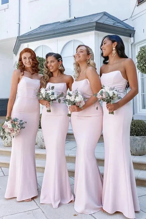 Pink Mermaid Strapless Long Bridesmaid Dresses, Wedding Party Dress, MBD230