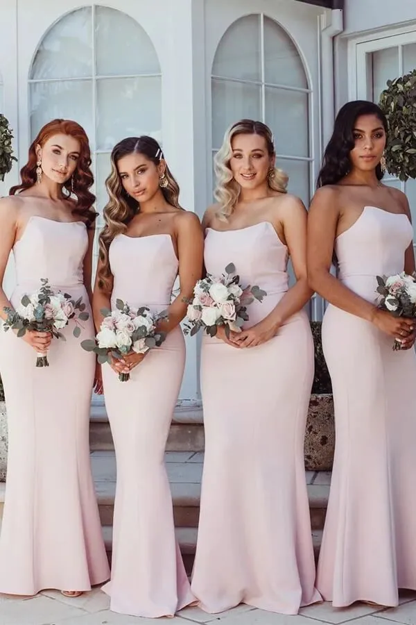Pink Mermaid Strapless Long Bridesmaid Dresses, Wedding Party Dress, MBD230
