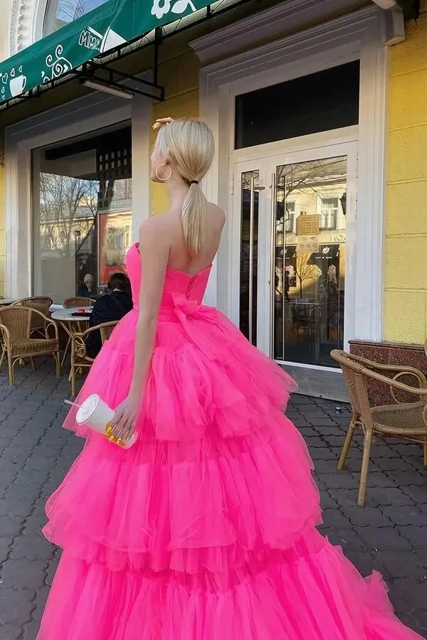 Pink Tulle A-line High Low Princess Long Prom Dresses, Evening Dress, MP746