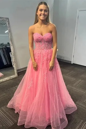 Pink Tulle A-line Strapless Sequined Long Prom Dresses With Appliques, MP985