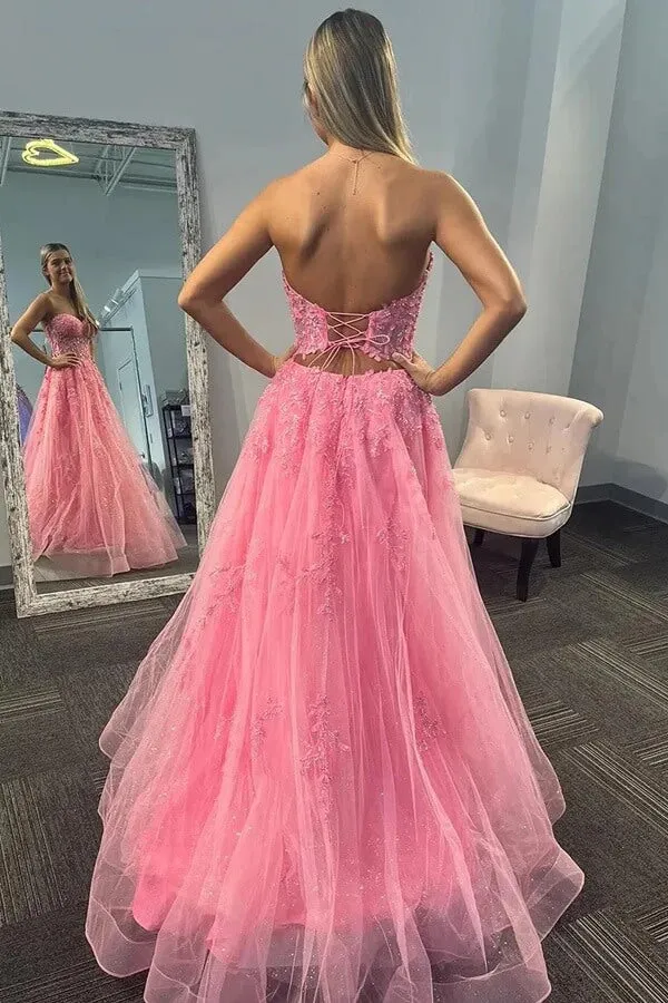 Pink Tulle A-line Strapless Sequined Long Prom Dresses With Appliques, MP985