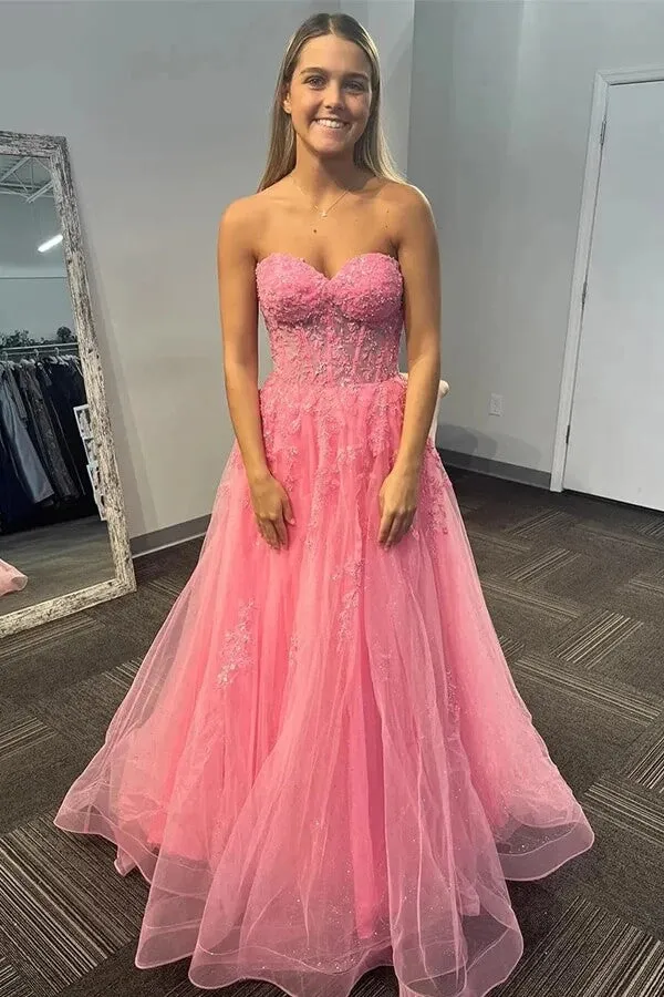Pink Tulle A-line Strapless Sequined Long Prom Dresses With Appliques, MP985