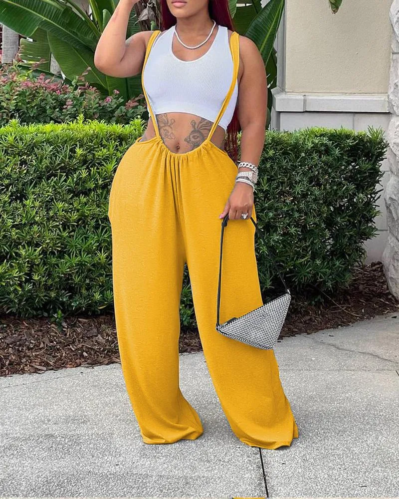 Plain Wide Leg Suspender Jumpsuit