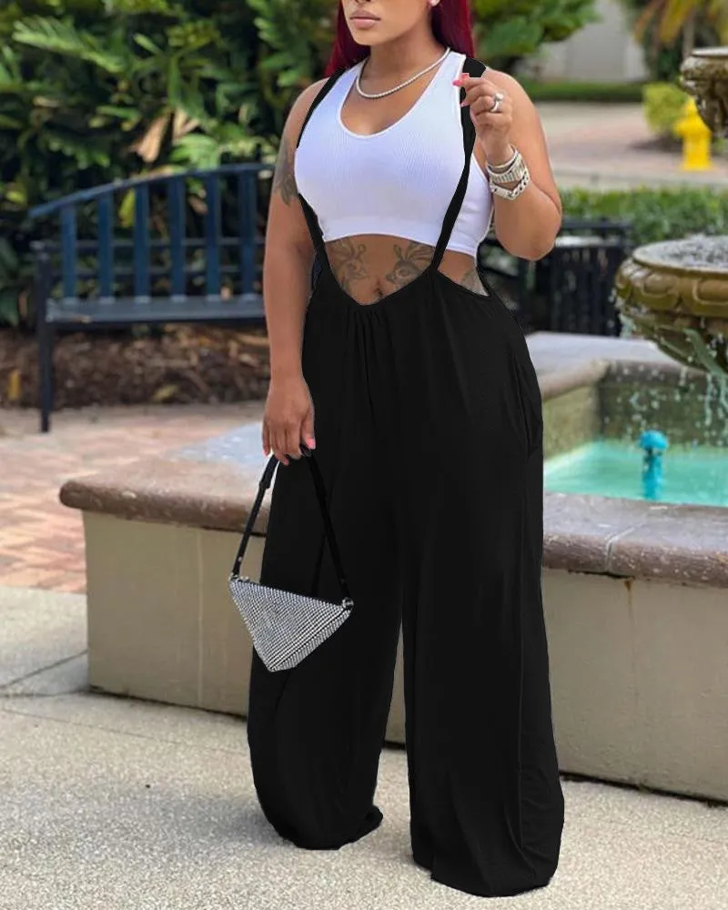 Plain Wide Leg Suspender Jumpsuit