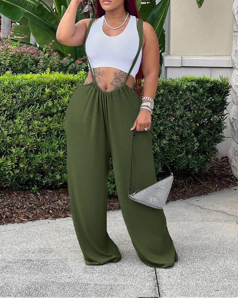 Plain Wide Leg Suspender Jumpsuit
