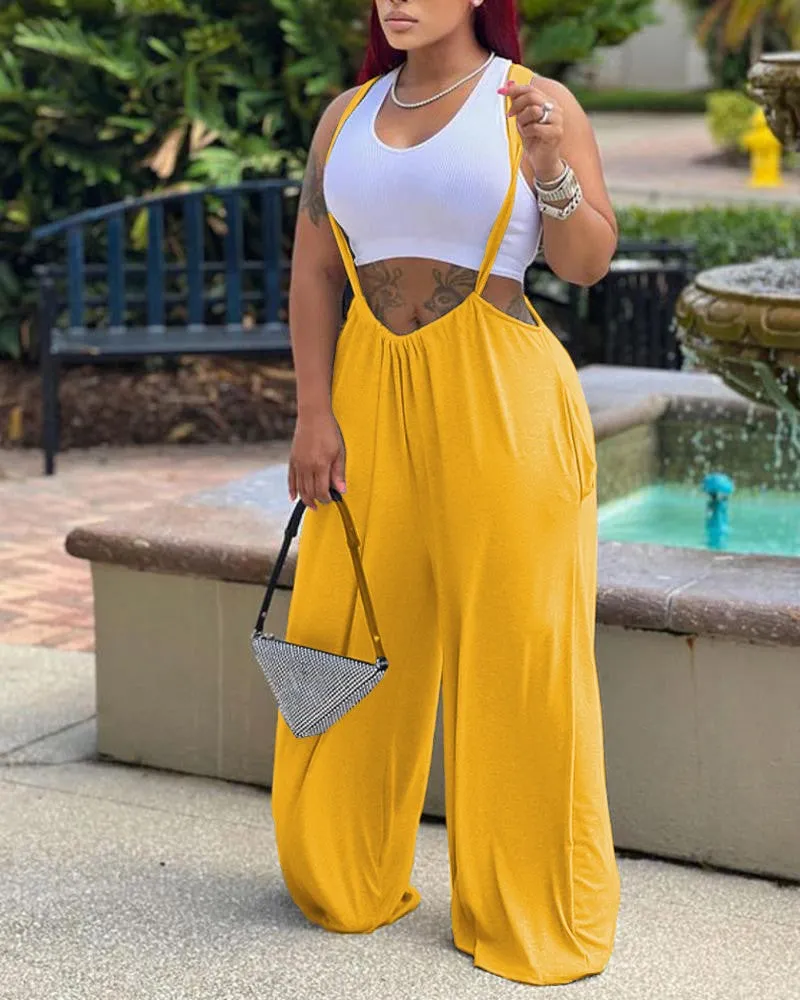 Plain Wide Leg Suspender Jumpsuit