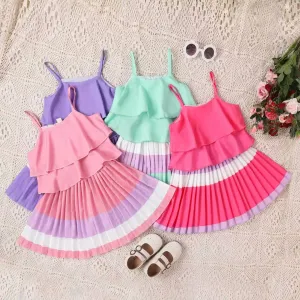 Pleated Colorblock Skirt & Layered Cami Top Set
