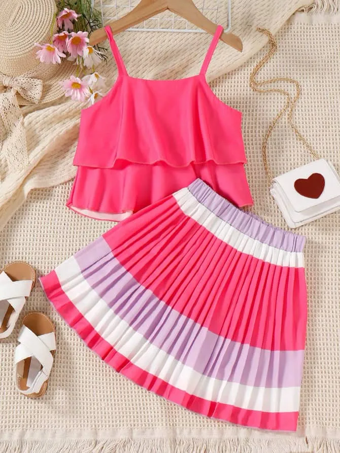 Pleated Colorblock Skirt & Layered Cami Top Set