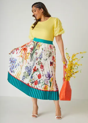 Pleated Floral Print Midi Skirt