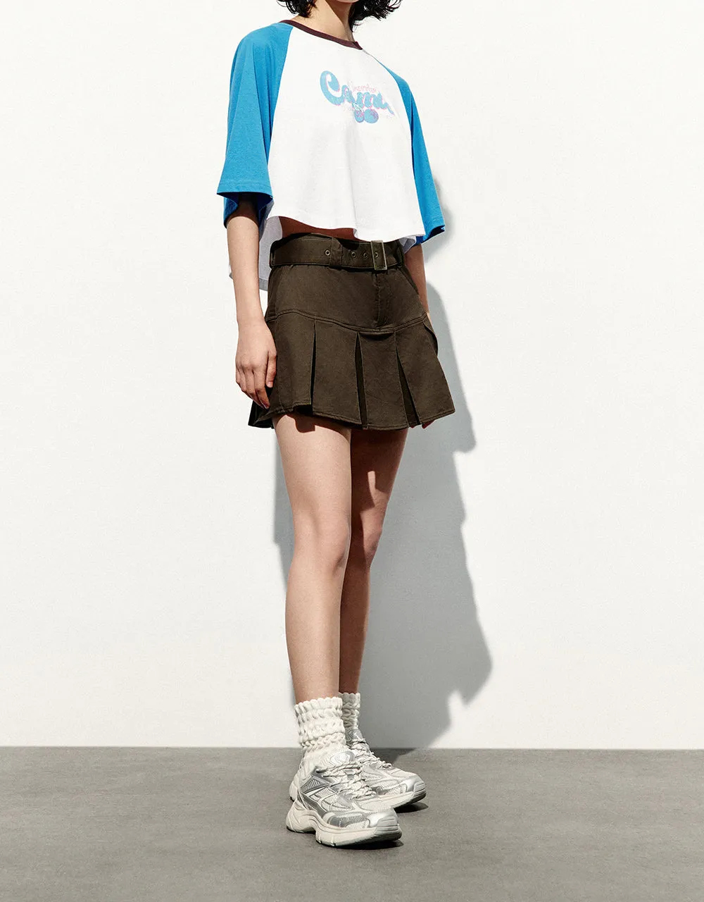 Pleated Mini A-Line Skirt With Belt