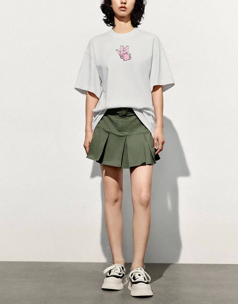 Pleated Mini A-Line Skirt With Belt
