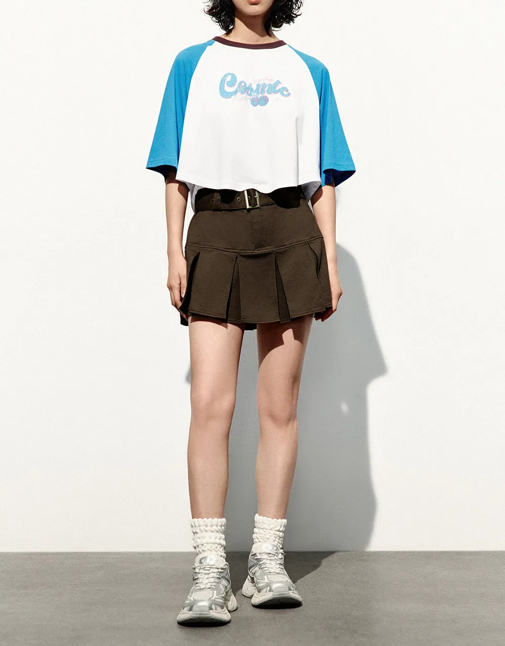 Pleated Mini A-Line Skirt With Belt