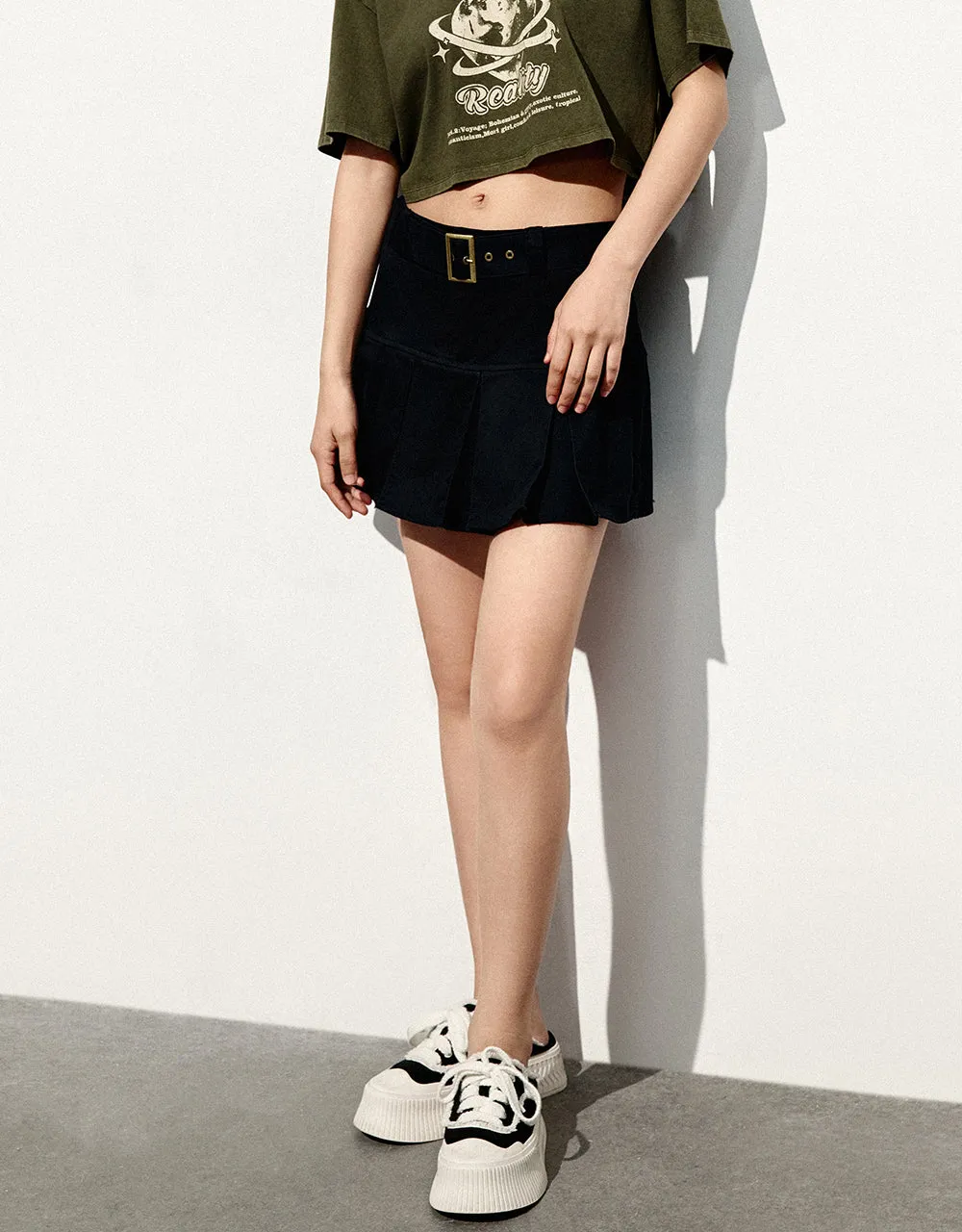 Pleated Mini A-Line Skirt With Belt