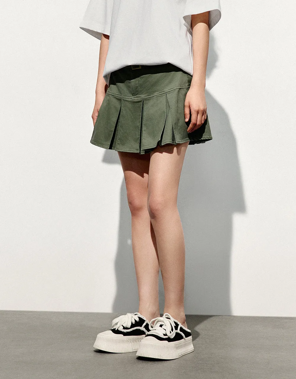 Pleated Mini A-Line Skirt With Belt