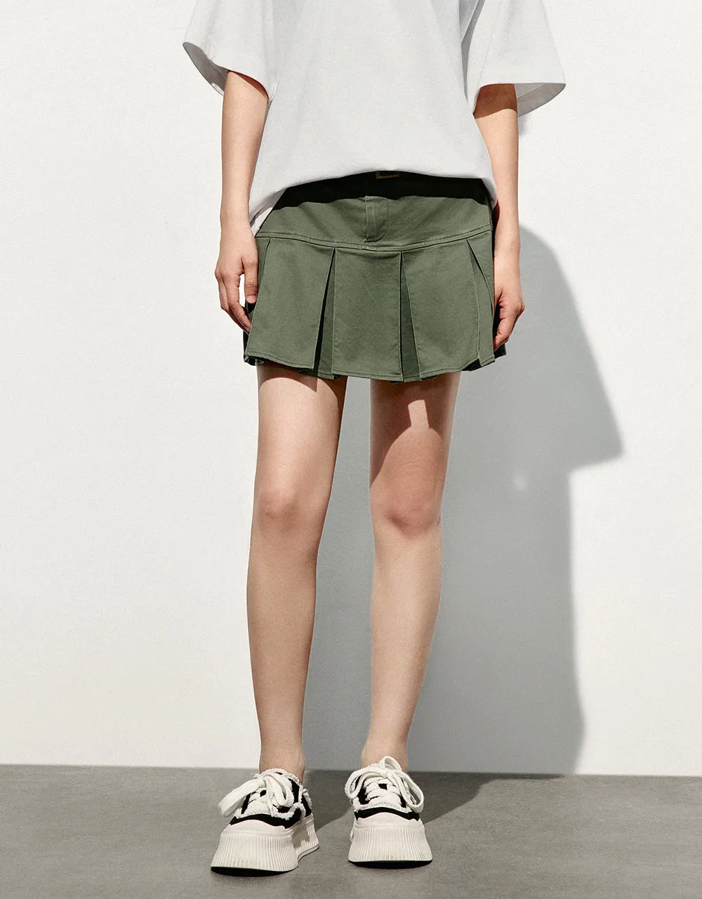 Pleated Mini A-Line Skirt With Belt