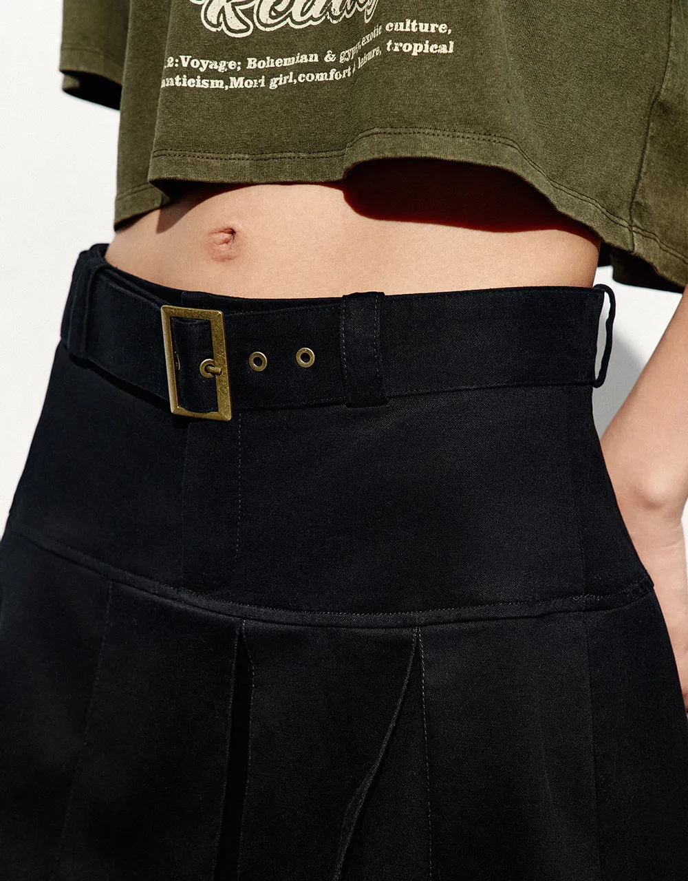 Pleated Mini A-Line Skirt With Belt