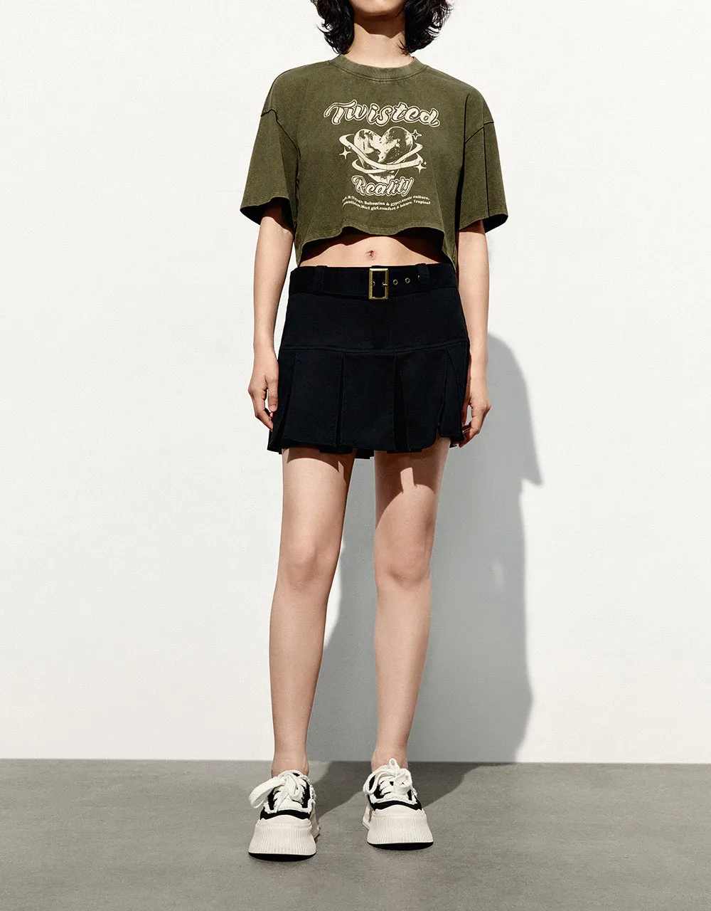 Pleated Mini A-Line Skirt With Belt