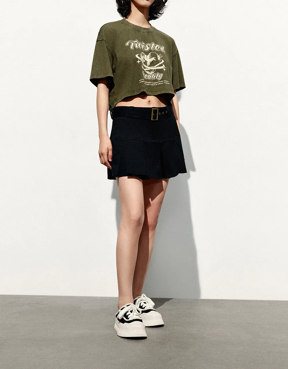 Pleated Mini A-Line Skirt With Belt