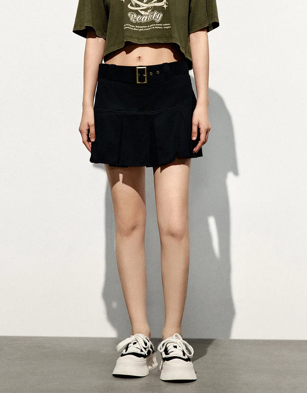 Pleated Mini A-Line Skirt With Belt