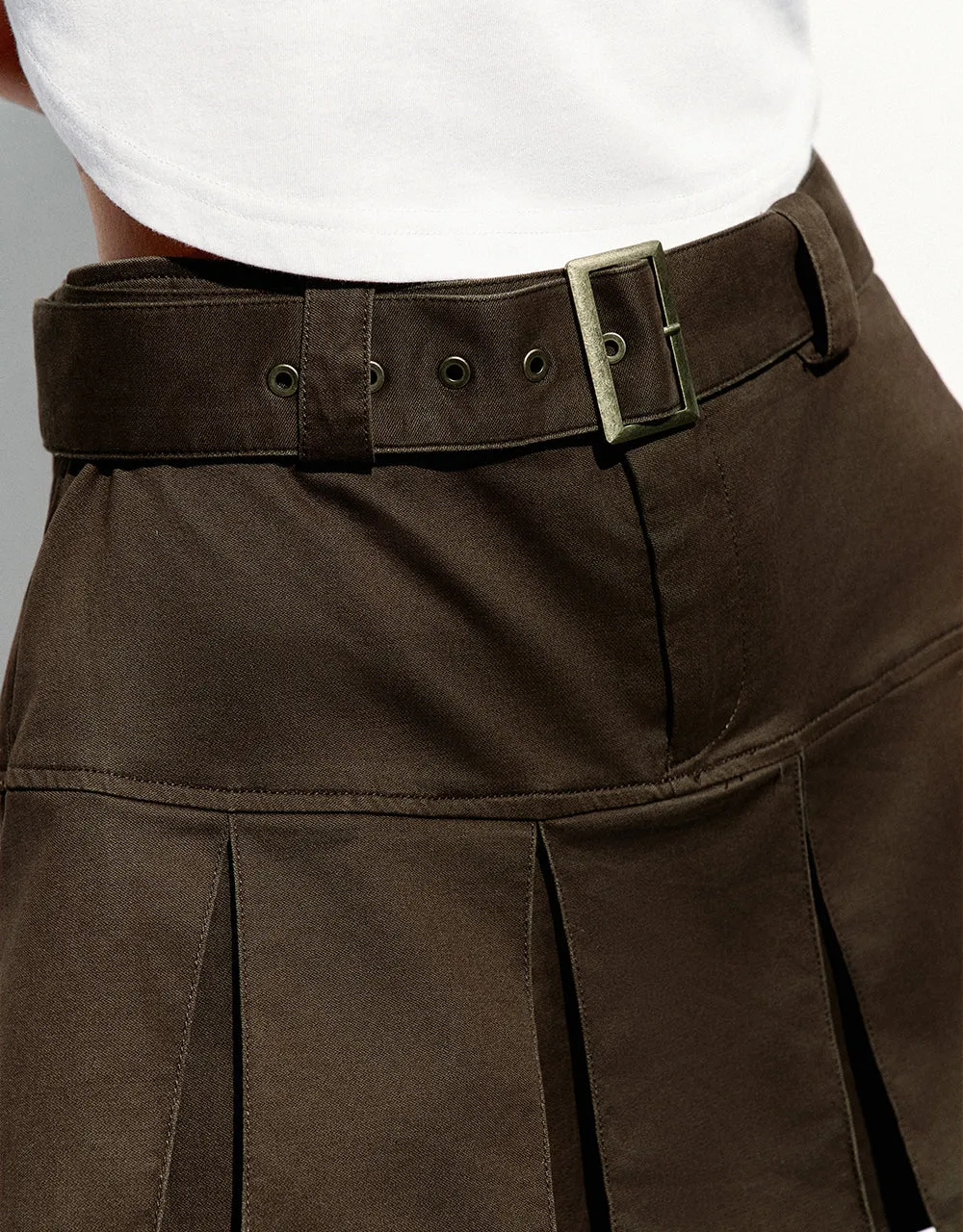 Pleated Mini A-Line Skirt With Belt