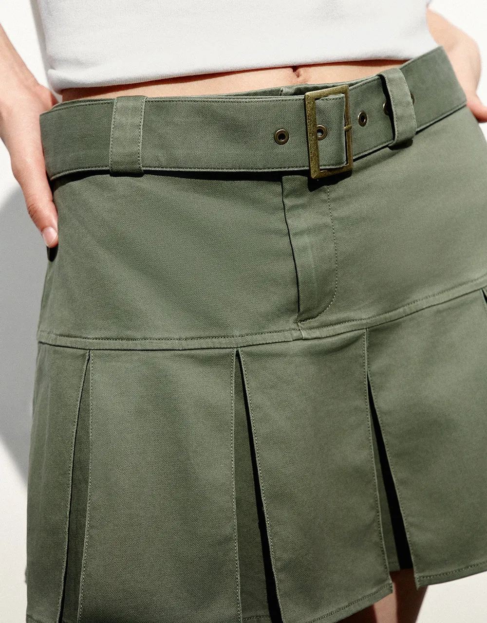 Pleated Mini A-Line Skirt With Belt