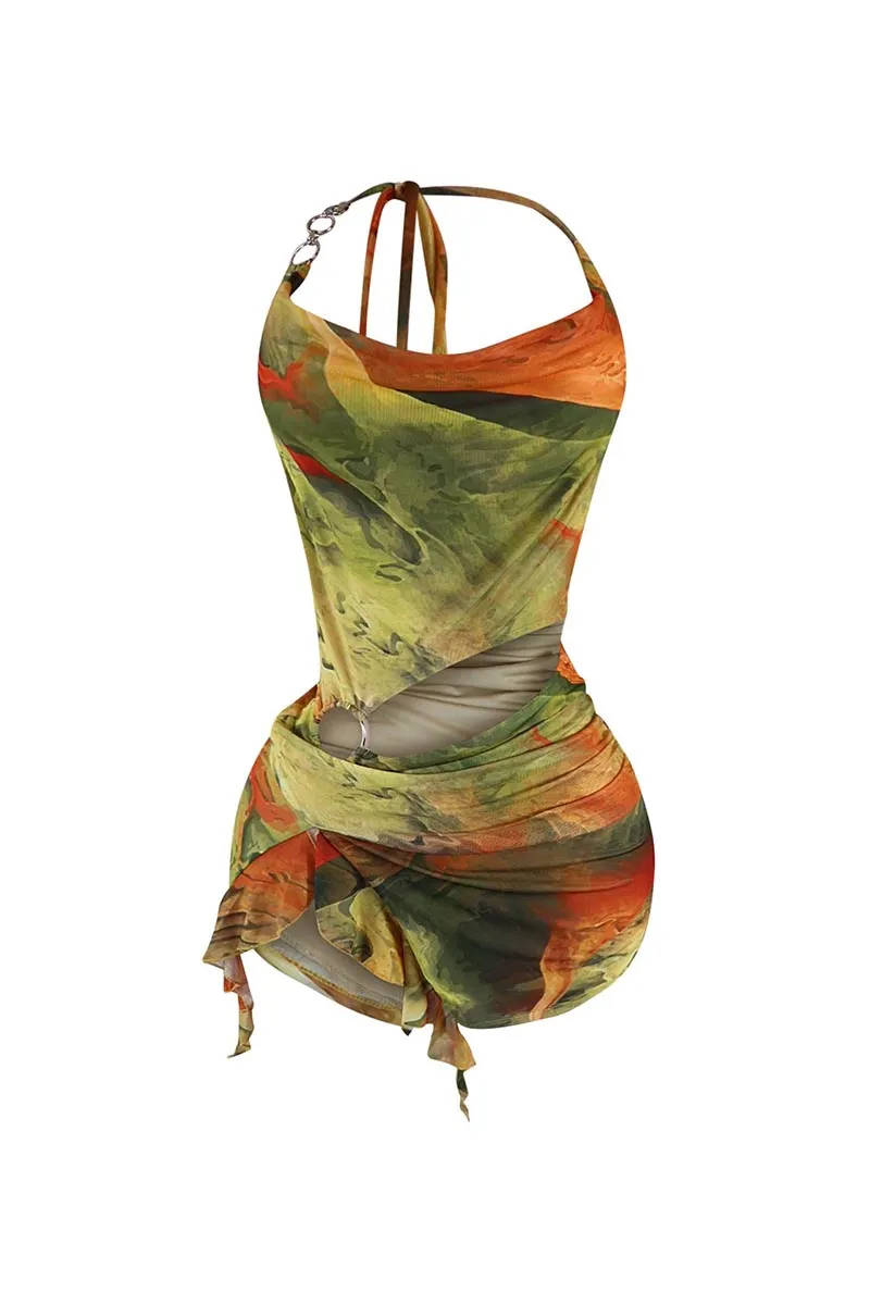 Plunging Neck Halter Backless O-Ring Irregular Ruffle Hem Print Party Mini Dresses